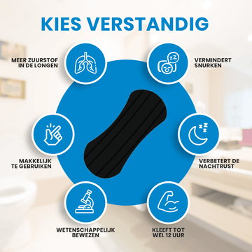 Infographic met pictogrammen rondom een zwarte neuspleister en bijbehorende eigenschappen