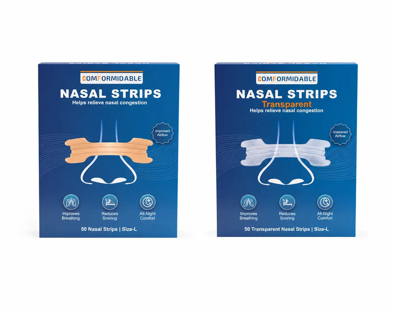 Verpakking van Comformidable Nasalstrips in huidskleur, met illustratie van een neusstrip op de neus en vermelding van 50 strips in maat L.