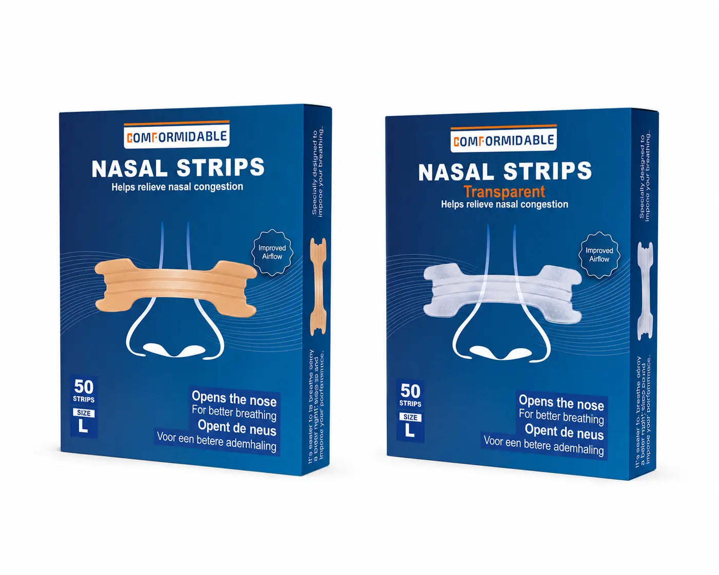 Zijaanzicht verpakking van Comformidable Nasalstrips in huidskleur, met illustratie van een neusstrip op de neus en vermelding van 50 strips in maat L. 