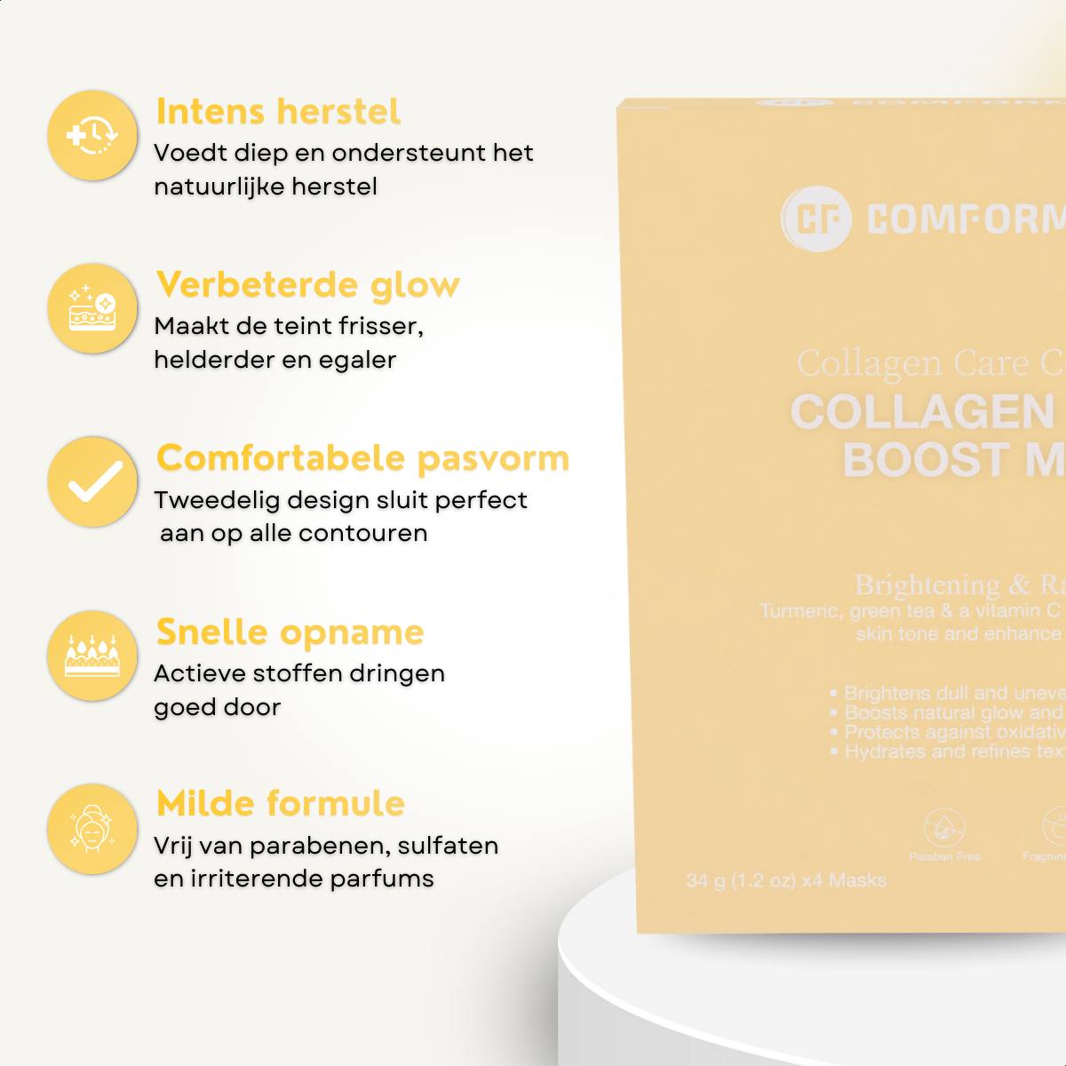 collagen-glow-boost-mask-vorteile.jpg: Übersicht der wichtigsten Vorteile der Comformidable Kollagen Strahlkraft Steigerungs-Maske.