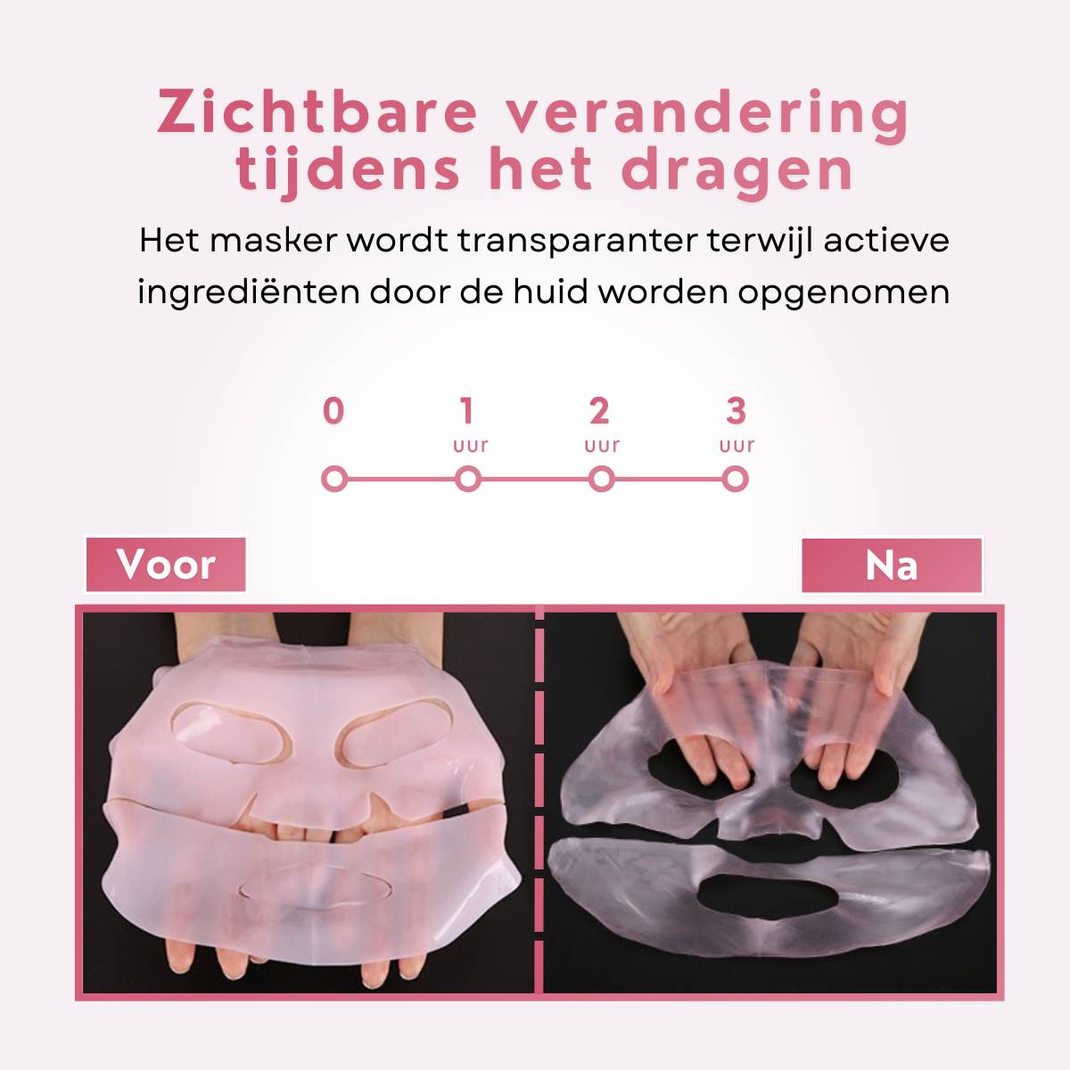 Vergleich der Kollagenmaske vor und nach dem Tragen, wobei das Material deutlich durchsichtiger geworden ist.