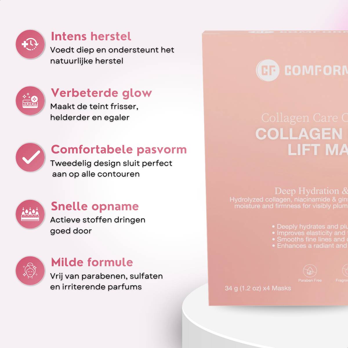 Übersicht der wichtigsten Vorteile der Collagen Hydra Lift Maske neben der Verpackung.