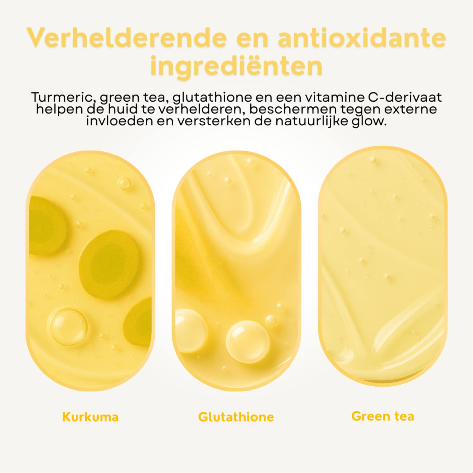 collagen-mask-antioxidanten-ingredienten.jpg: Wirkstoffe der Kollagenmaske wie Kurkuma, Glutathion und grüner Tee.