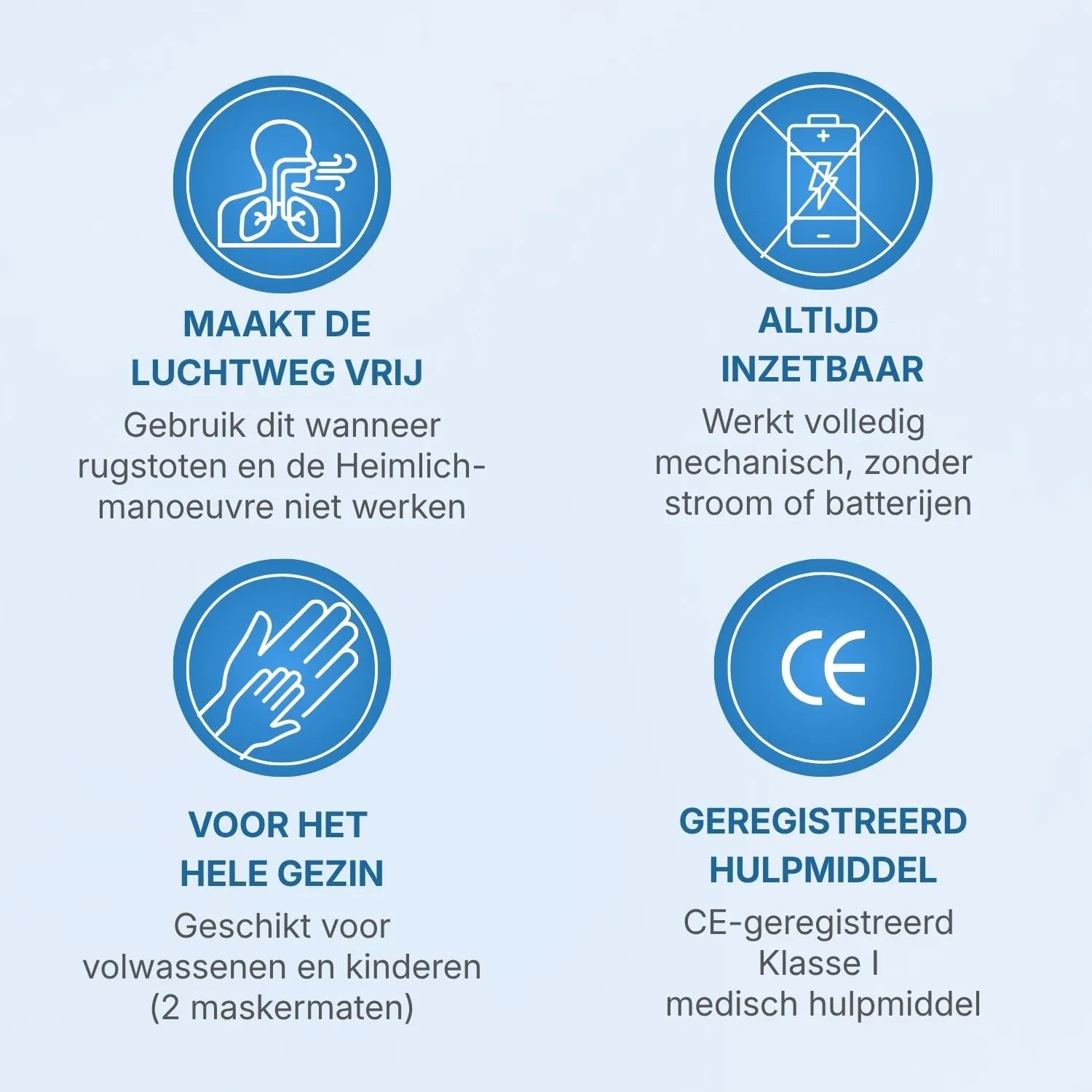 Vier kenmerken: maakt de luchtweg vrij, werkt mechanisch zonder stroom of batterijen, geschikt voor het hele gezin, CE-geregistreerd Klasse I medisch hulpmiddel
