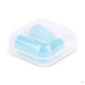 Gesloten blauwe opbergcase met oordopjes van de Comformidable anti-snurk kit