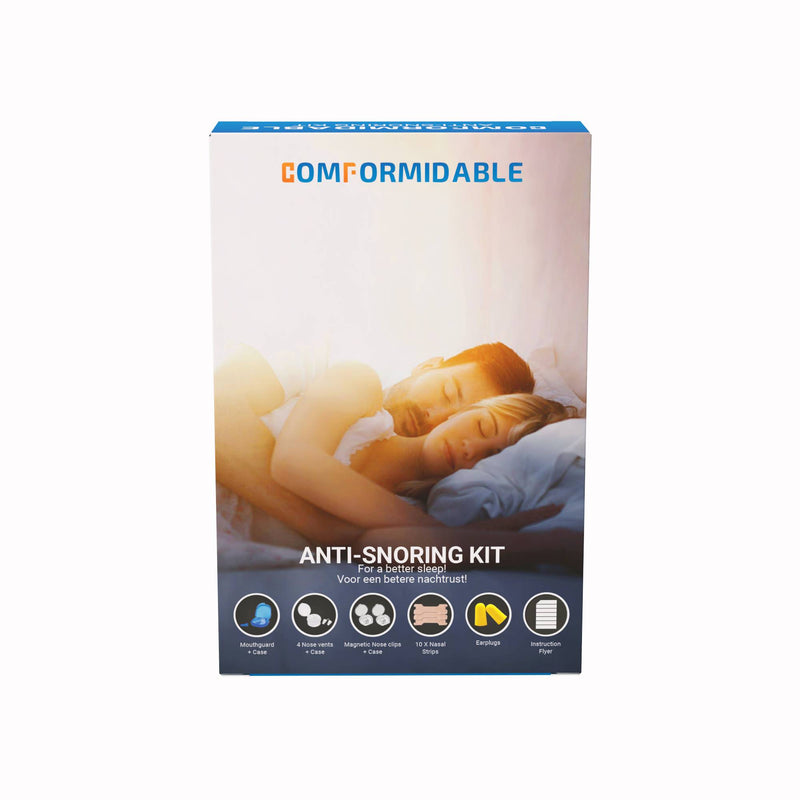 Comformidable anti-snurk kit verpakking schuin afgebeeld met inhoudsiconen