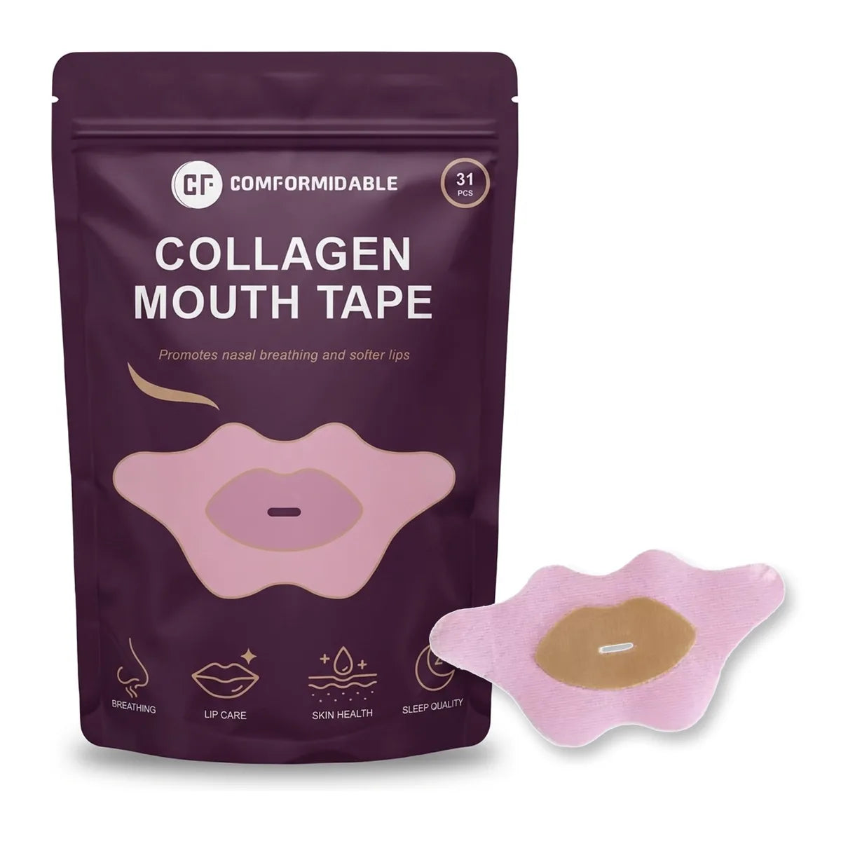 Comformidable Kollagen-Mundtape, Beutel mit 31 Stück und ein einzelnes Pflaster