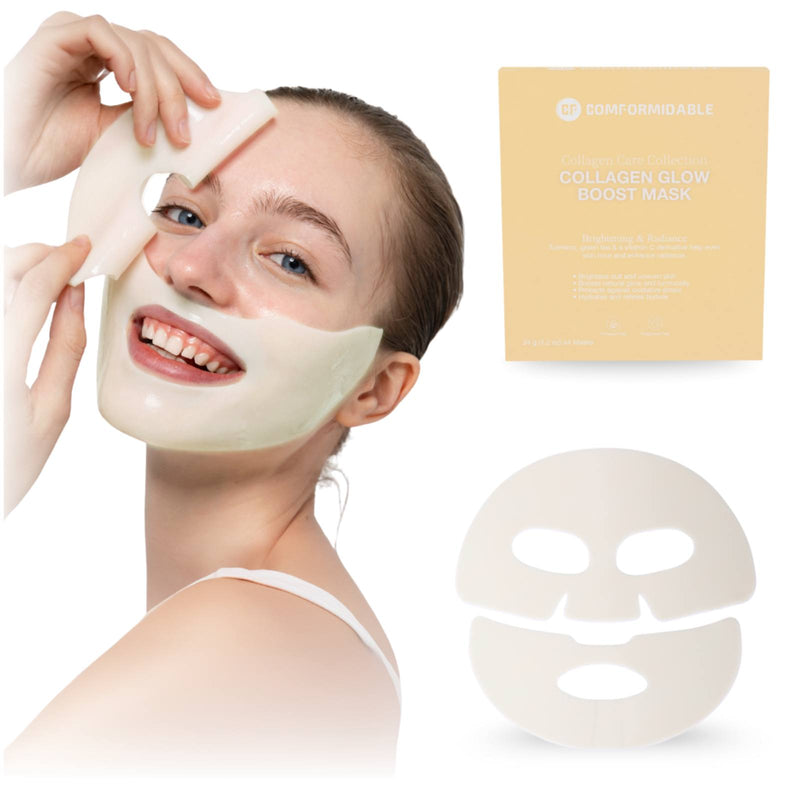 comformidable-collagen-glow-mask-aanbrengen.jpg: Model brengt het Comformidable Collagen Glow Boost Mask aan, met zichtbare verpakking.