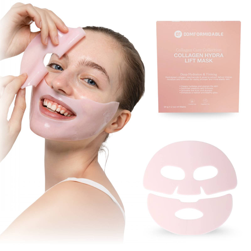 Das Modell trägt die zweiteilige Collagen Hydra Lift Maske auf, während die Verpackung sichtbar ist.