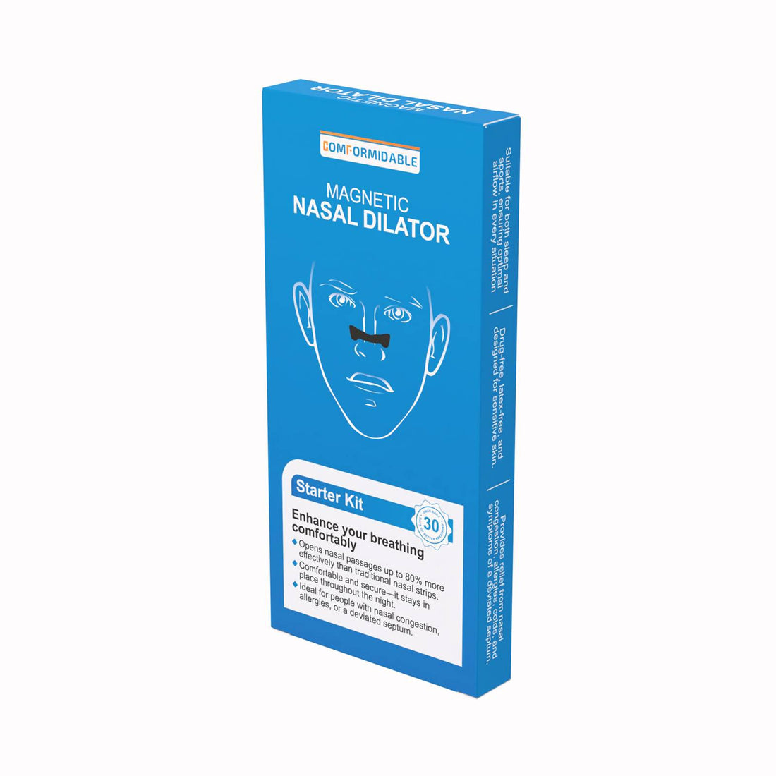 Voorzijde van de verpakking van de Comformidable Magnetic Nasal Dilator starterkit met productnaam en uitleg over verbeterde ademhaling.