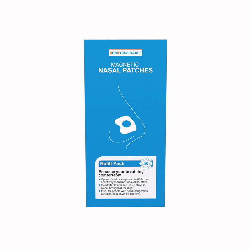 Voorzijde van de refill verpakking van Comformidable Magnetic Nasal Patches met productnaam en uitleg over verbeterde ademhaling.