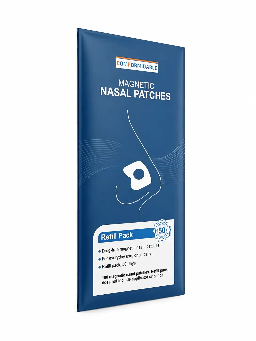 Schrägansicht von links der Verpackung des Comformidable Magnetic Nasal Patches Refill Packs (50 Tage).
