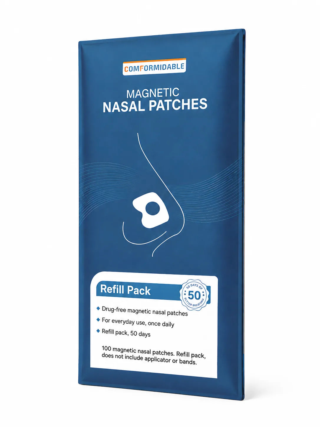 Schrägansicht der Verpackung des Comformidable Magnetic Nasal Patches Refill Packs.