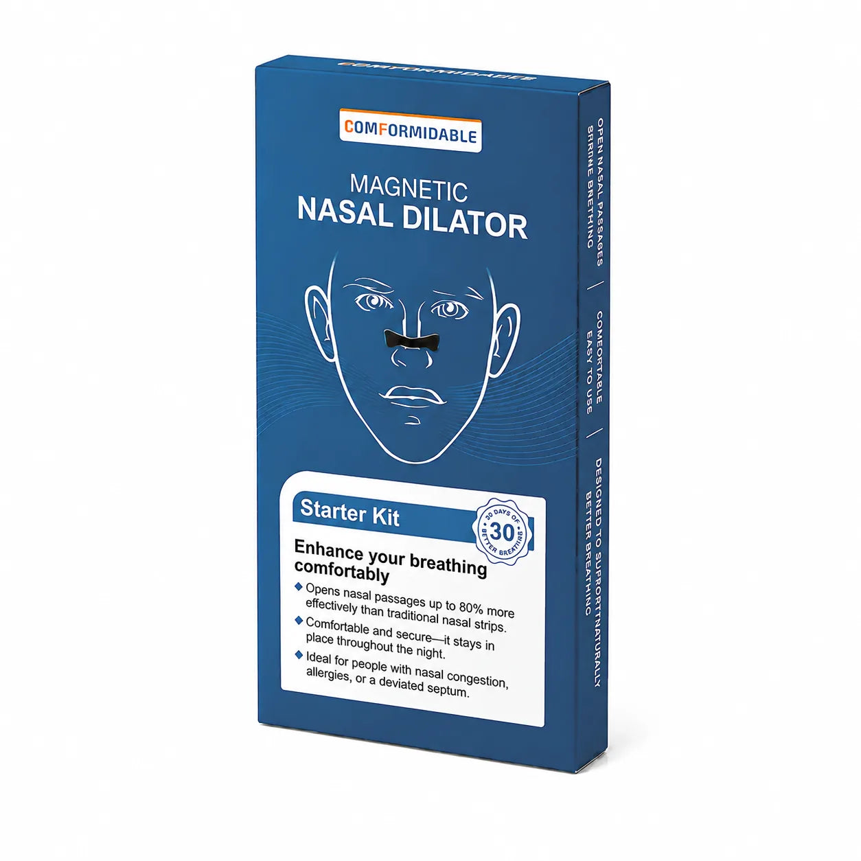Schrägansicht der Verpackung des Comformidable Magnetic Nasal Dilator Starterkits.
