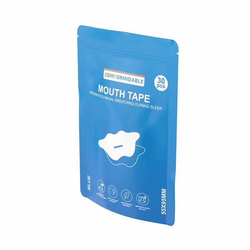 Schuin weergegeven verpakking van Comformidable Mouth Tape met blauwe zak en aanduiding van 30 stuks.