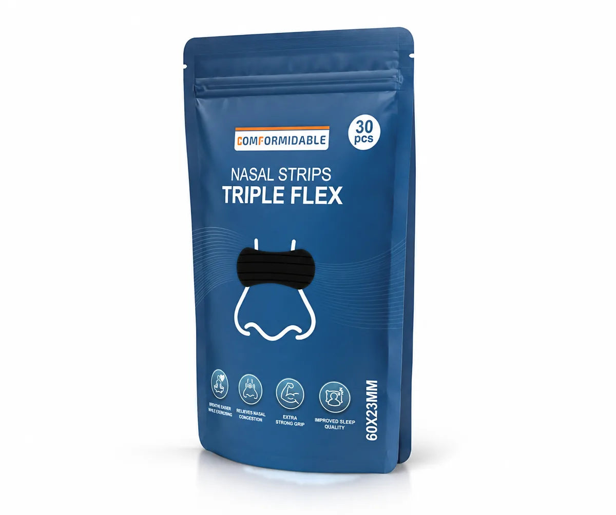 Schrägansicht der Comformidable Nasal Strips Triple Flex Verpackung, 30 Stück.