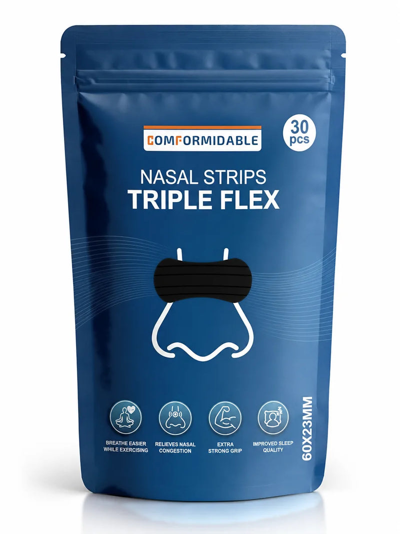 Vorderansicht der dunkelblauen Comformidable Nasal Strips Triple Flex Verpackung, 30 Stück, 60x23 mm.