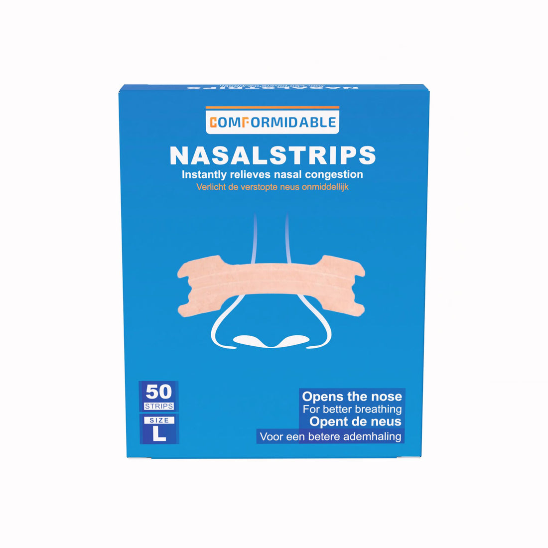 Voorkant van de Comformidable nasal strips verpakking met 50 strips