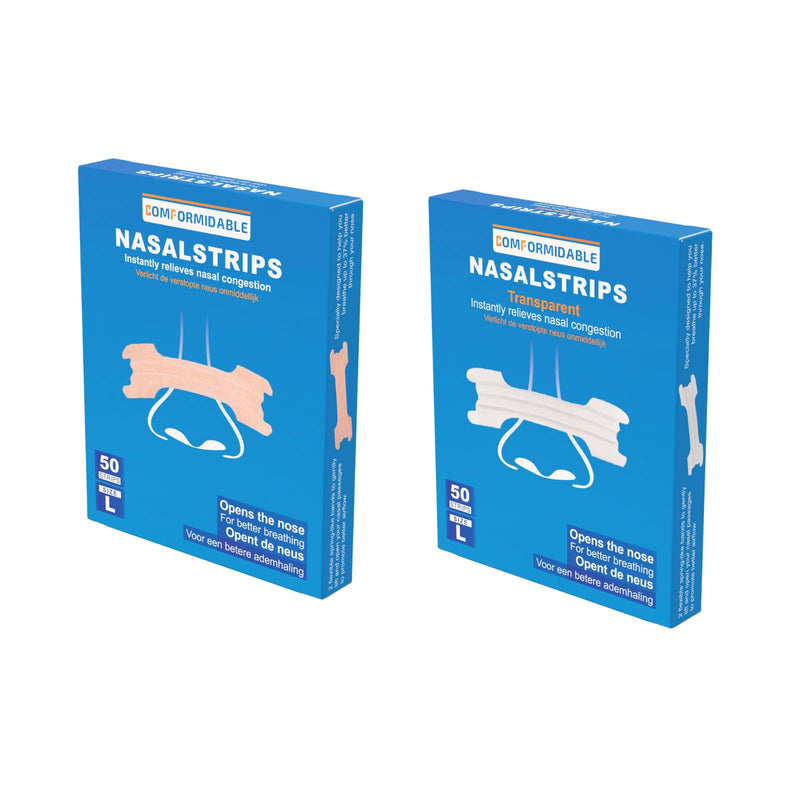 Zijkant van verpakking van Comformidable Nasalstrips Transparent met transparante neusstrip, aanduiding van 50 strips en maat L.