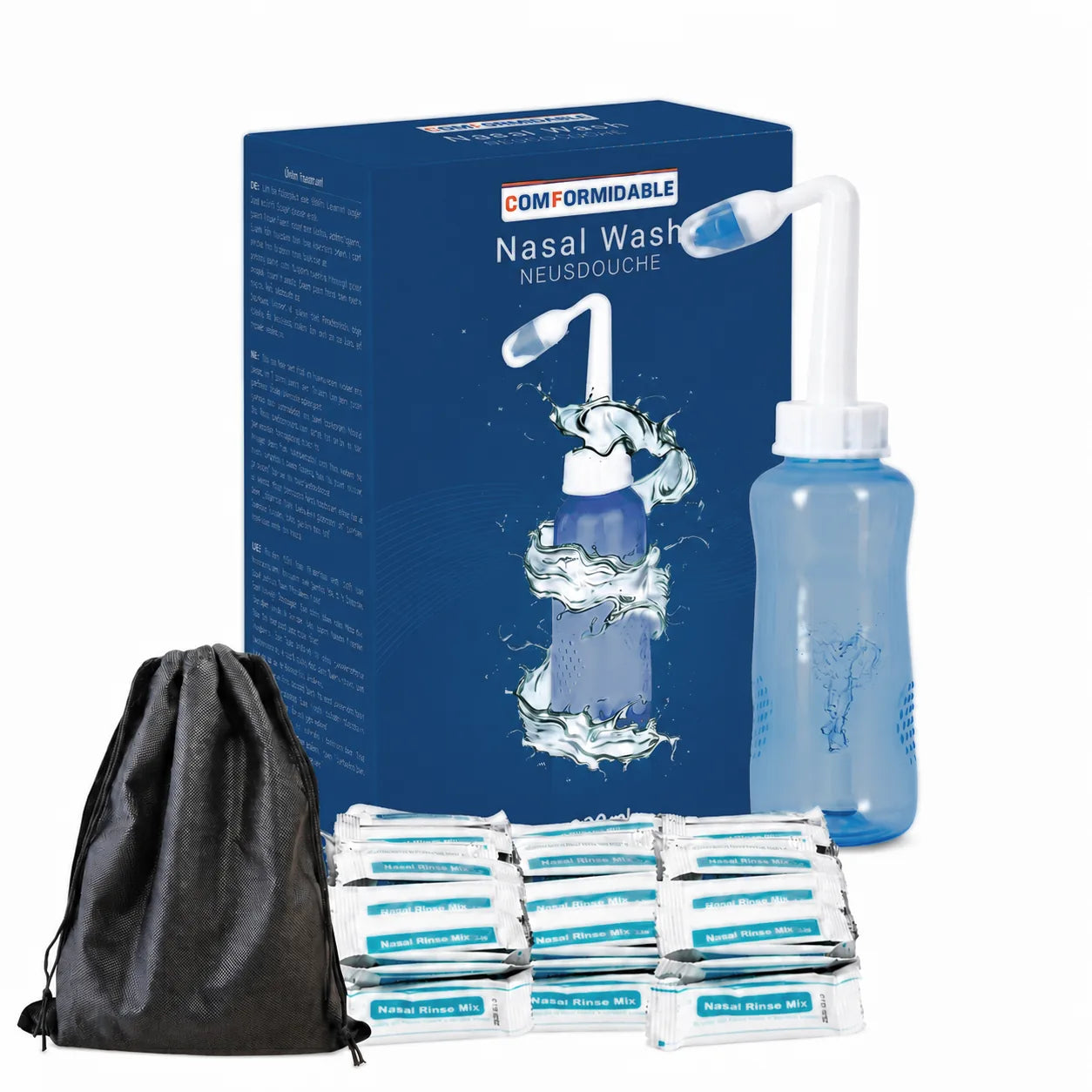 Inhalt des Comformidable Nasenduschen-Sets: Flasche, Aufsatz, Aufbewahrungsbeutel und Beutel mit Nasenspülsalz.