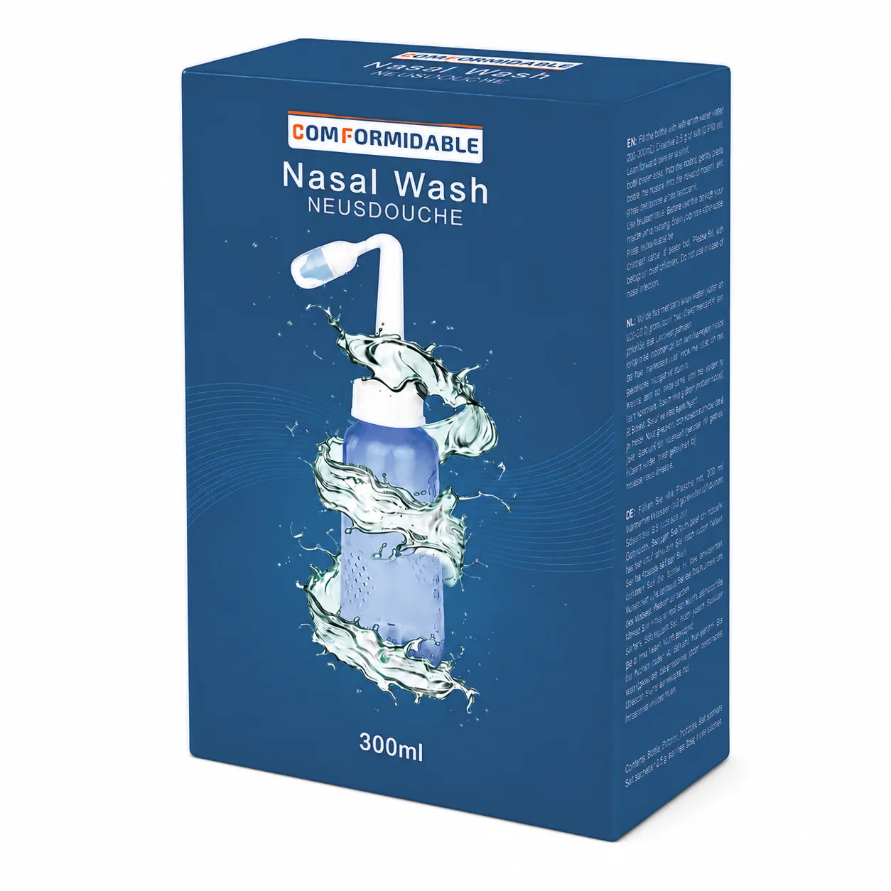 Schrägansicht der Verpackung der Comformidable Nasendusche mit Abbildung von Flasche und Düse.