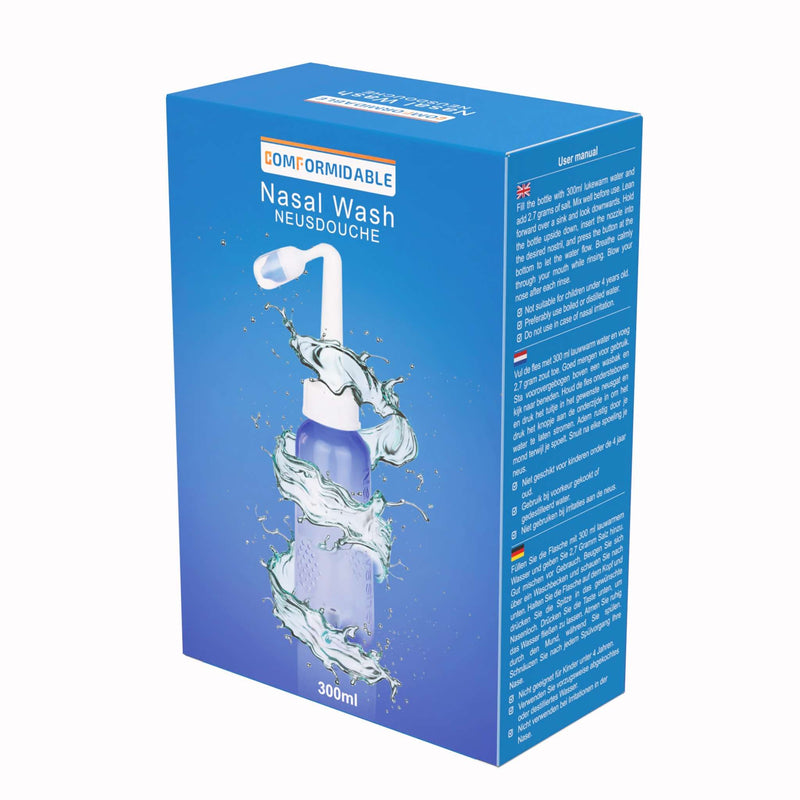 Comformidable neusdouche verpakking schuin weergegeven met productillustratie en inhoud