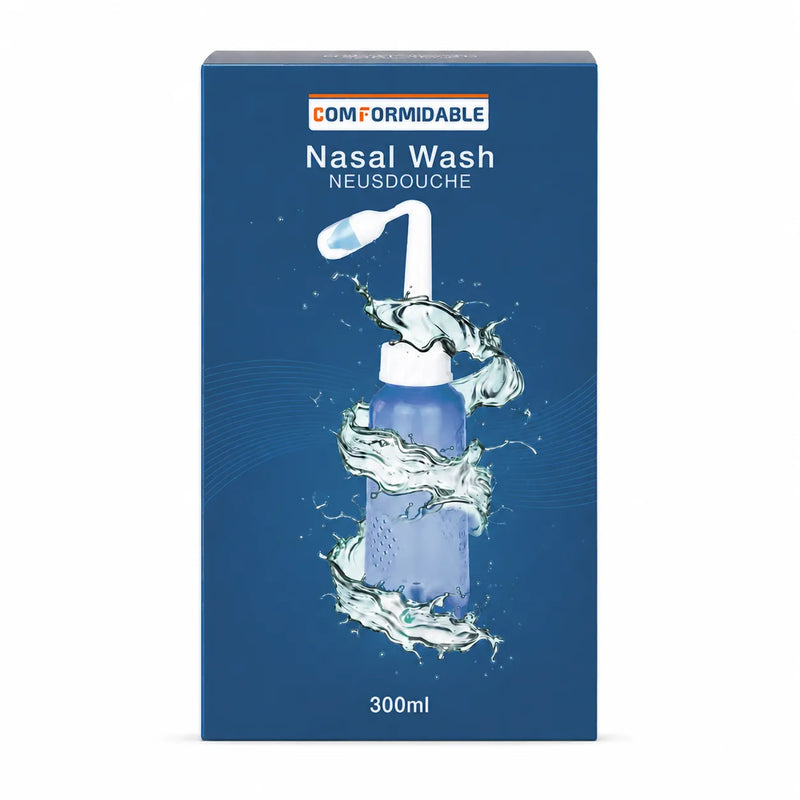 Vorderansicht der dunkelblauen Verpackung der Comformidable Nasal Wash Nasendusche (300 ml).