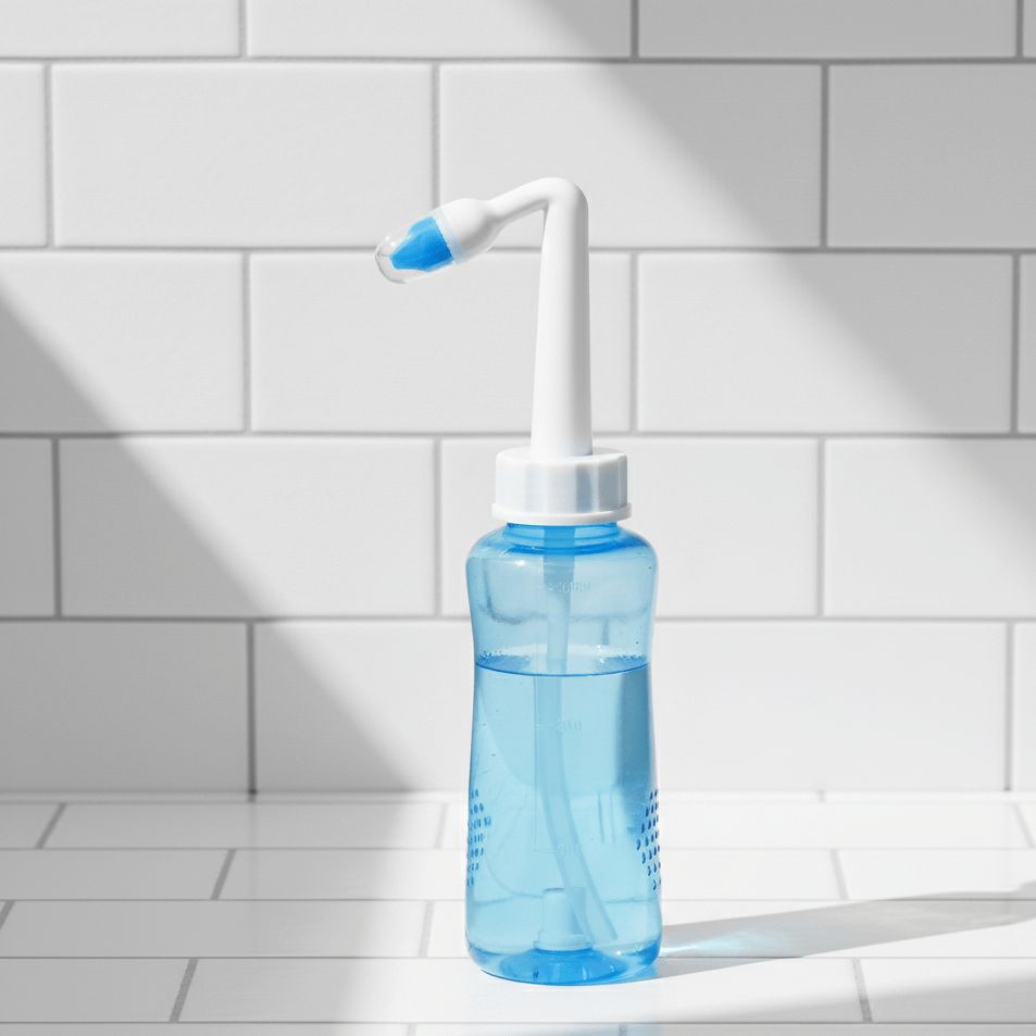 Een blauwe neusspoelfles met opzetstuk staat klaar voor gebruik op een witte tegelplank in een badkamer.