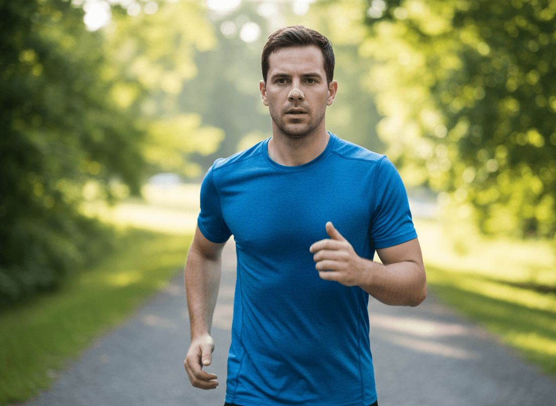 Sportende man die een neusstrip gebruikt om zijn uithoudingsvermogen en zuurstofopname te verbeteren.