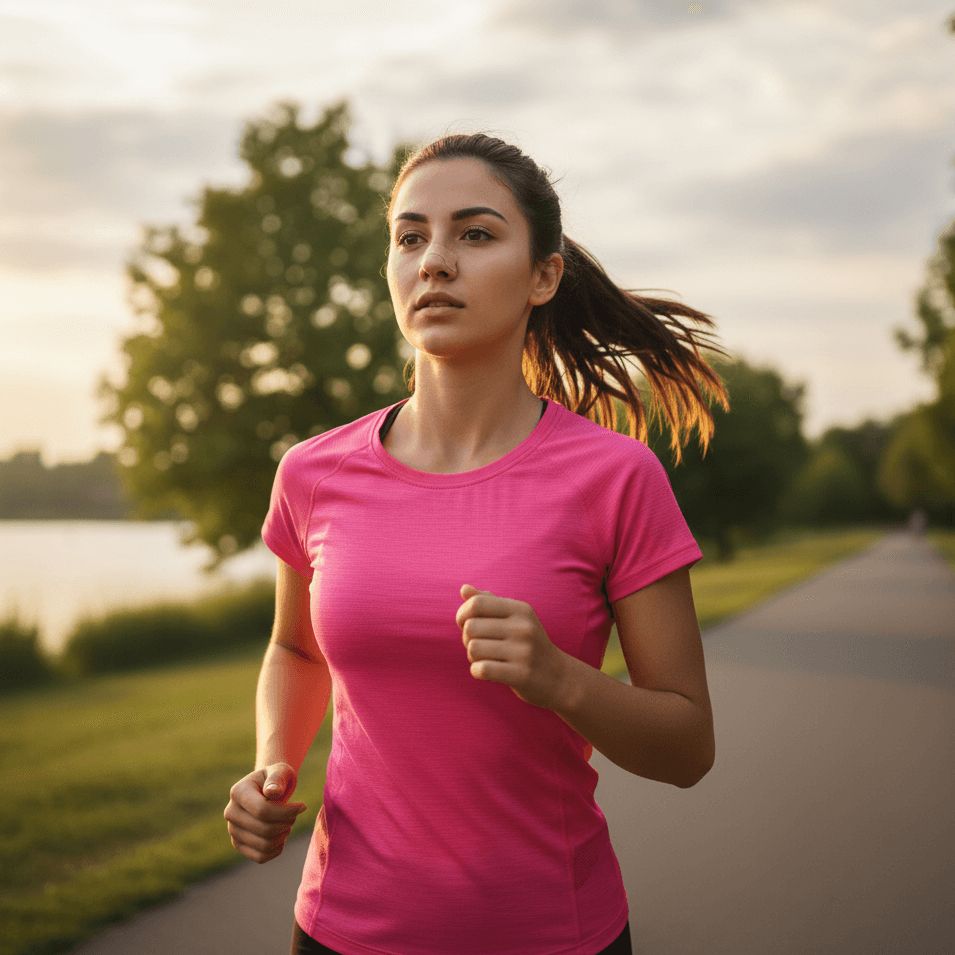 Hardlopende vrouw in een roze shirt die een neusstrip draagt om vrijer te kunnen ademen tijdens het sporten.