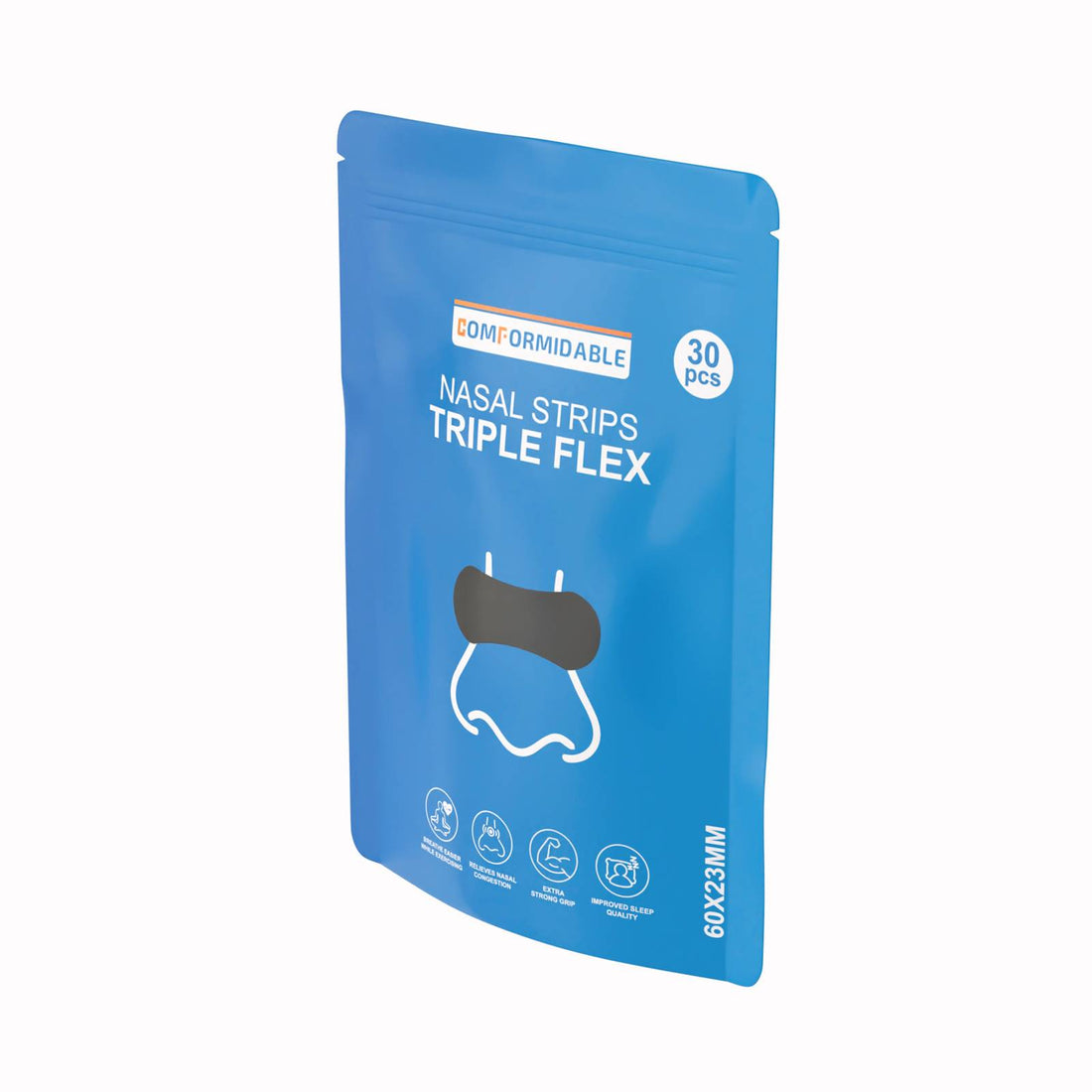 oorzijde van de verpakking van Comformidable Nasal Strips Triple Flex met productnaam, pictogrammen en aanduiding van 30 stuks.