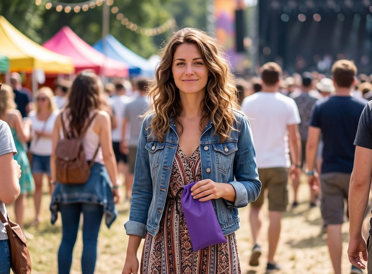 Frau auf einem Festival mit dem lila Aufbewahrungsbeutel der Urinierhilfe in der Hand
