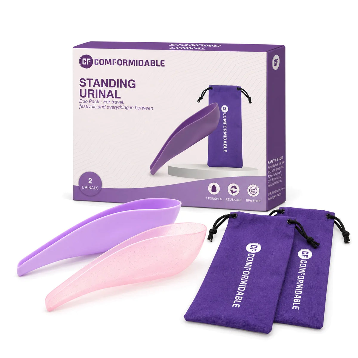 Comformidable Urinierhilfe für Frauen: Schachtel mit einer lila und einer rosa Urinierhilfe und zwei lila Aufbewahrungsbeuteln