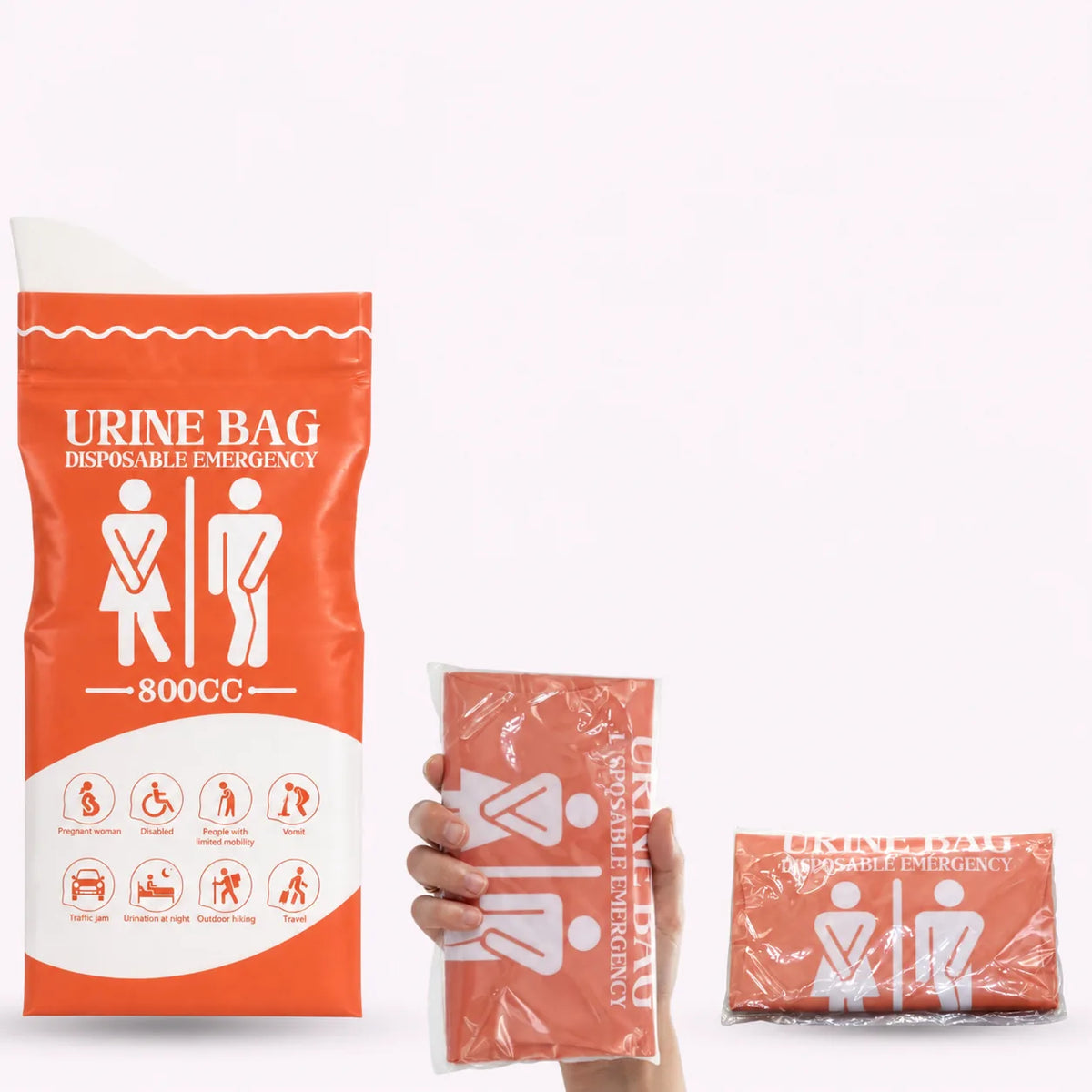 Entfalteter Urinbeutel mit 800 ml neben einem gefalteten Urinbeutel in der Hand