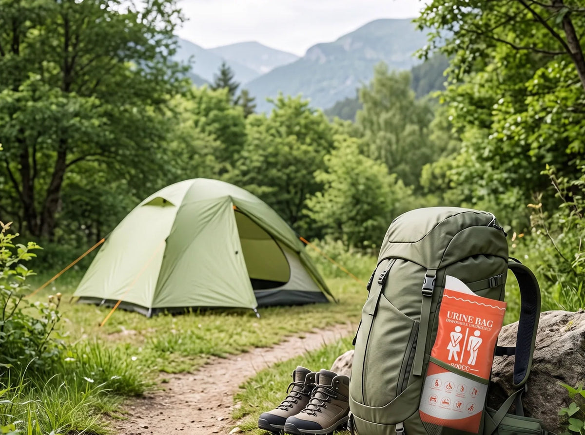 Urinbeutel im Seitenfach eines Rucksacks neben einem Zelt