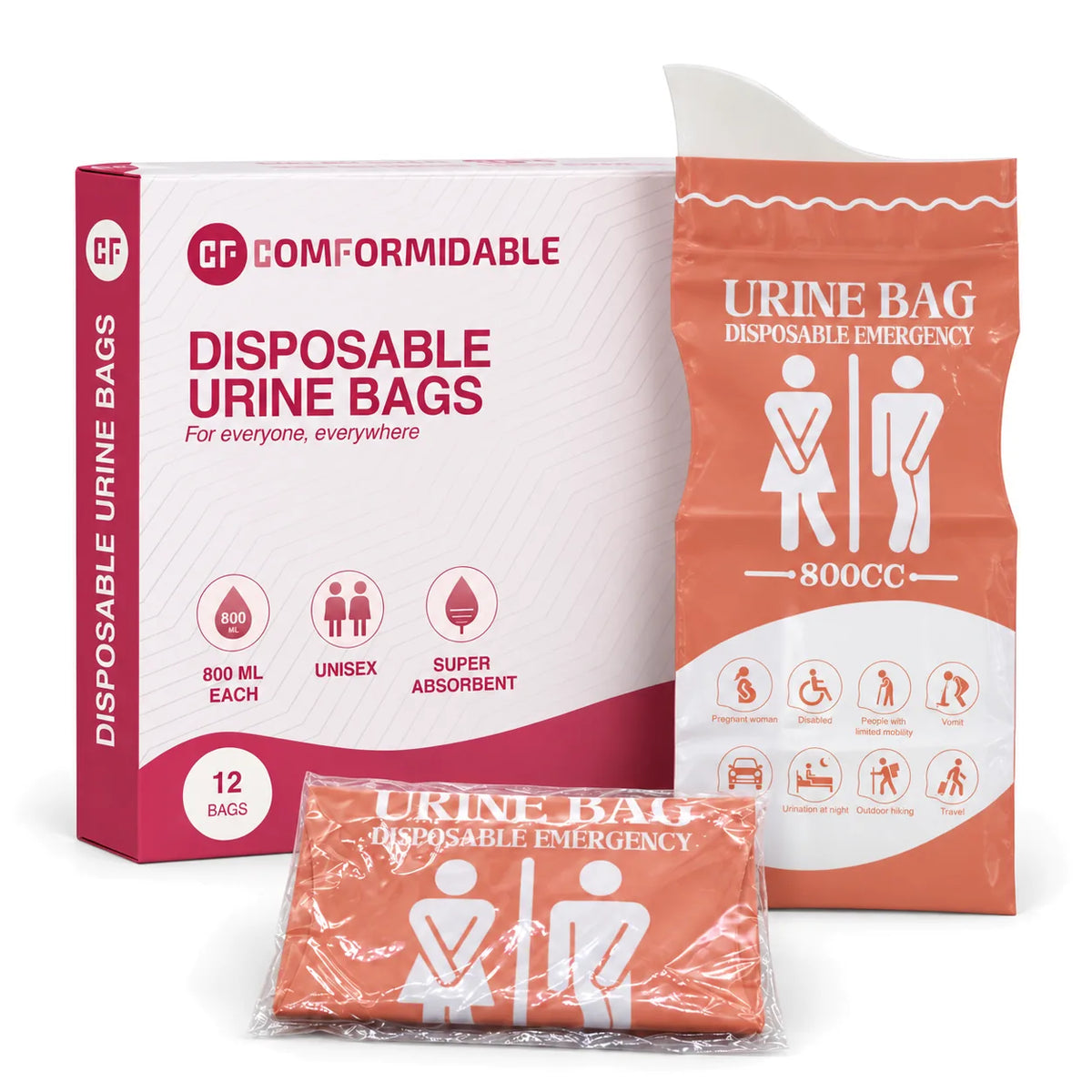 Comformidable Urinbeutel: Schachtel mit 12 Stück, ein entfalteter Urinbeutel und ein gefalteter Urinbeutel in Folie