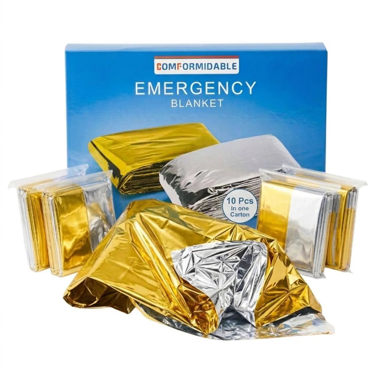 Comformidable Rettungsdecke 10 Stück: Box mit doppelseitigen gold-silbernen Notfalldecken