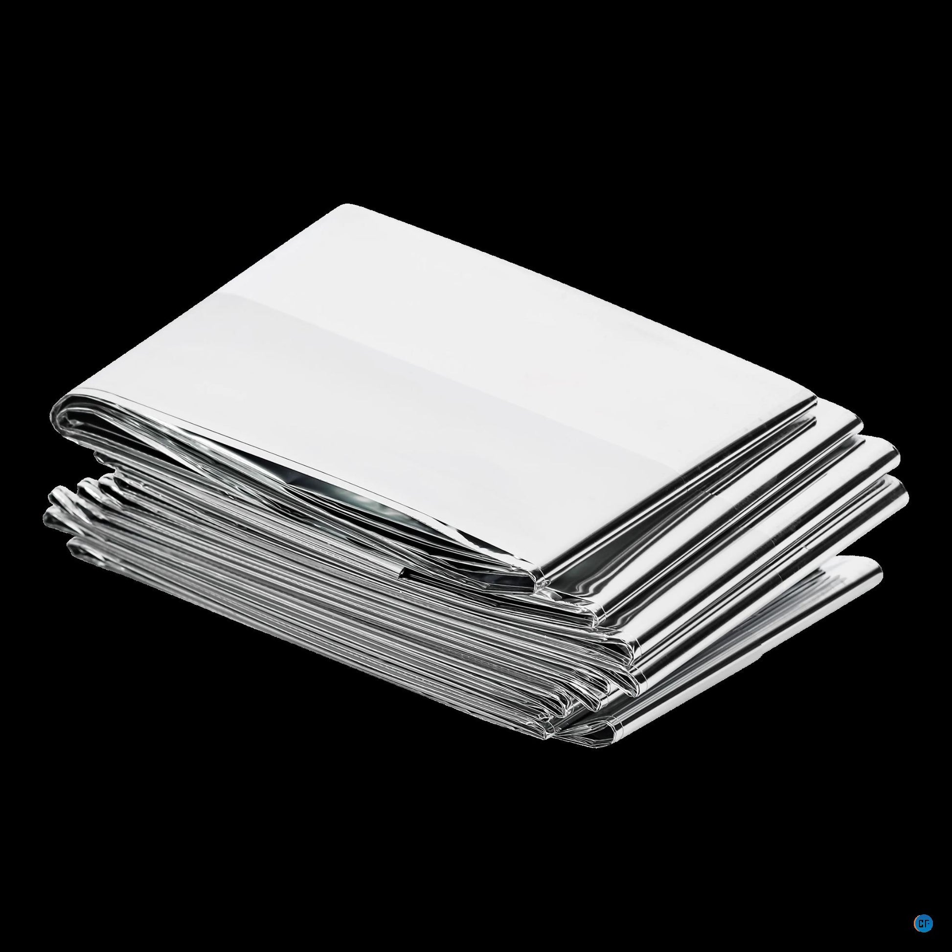 Zilverkleurige Comformidable reddingsdeken compact opgevouwen tegen zwarte achtergrond