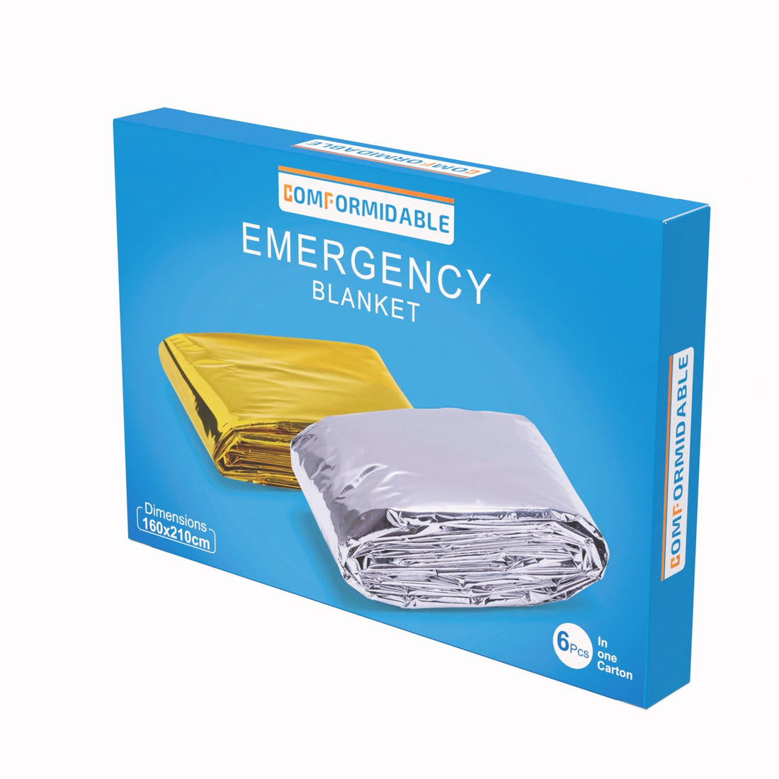 Voorzijde van de Comformidable Emergency Blanket doos met productafbeelding en afmetingen