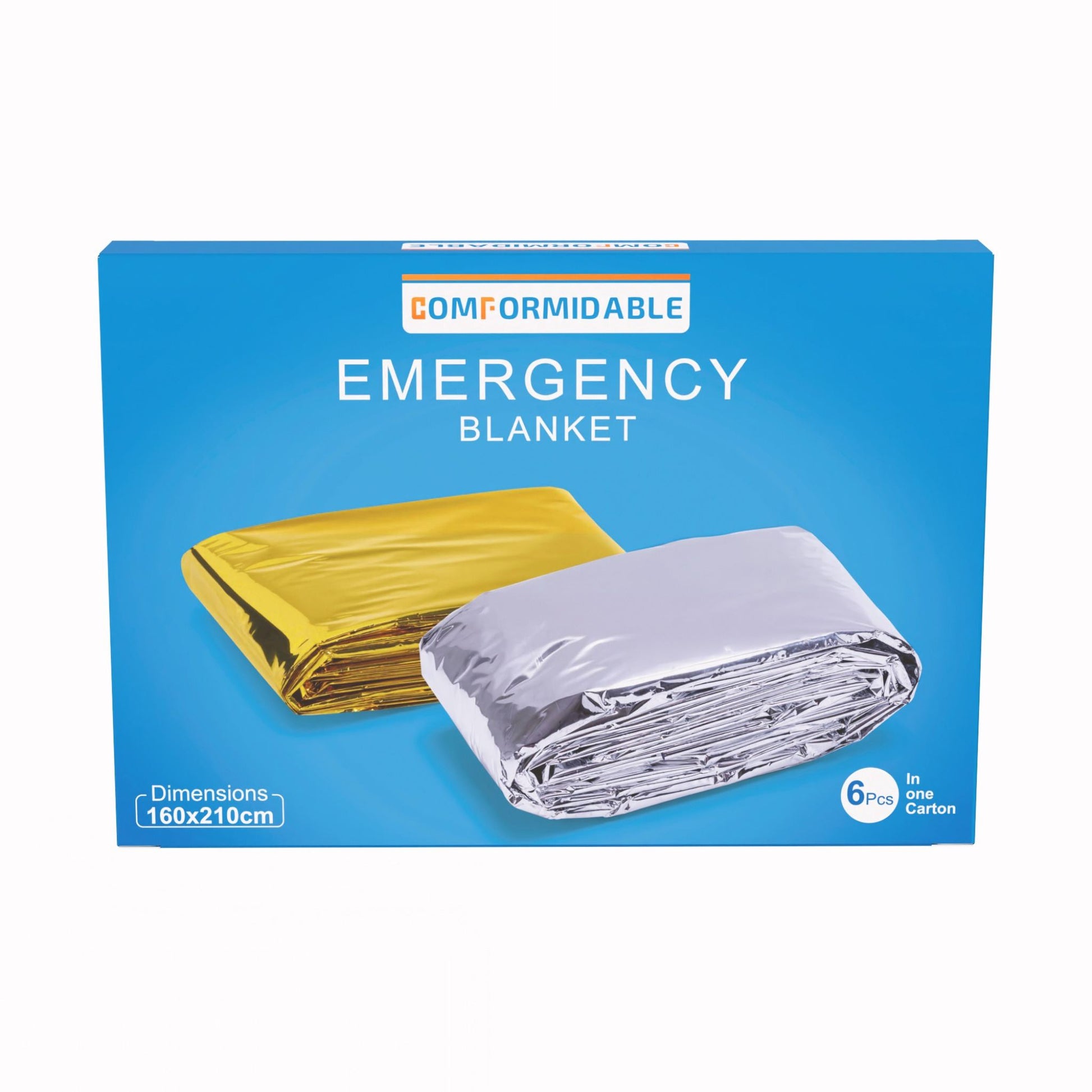 Voorzijde van de Comformidable Emergency Blanket doos met productafbeelding en afmetingen
