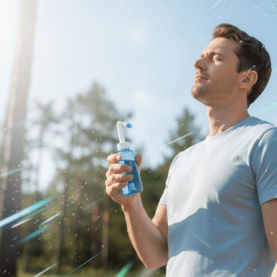 Man ervaart vrije ademhaling in de buitenlucht na het gebruik van een neusdouche met zoutoplossing.