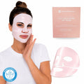 Model mit Comformidable Collagen Hydra Lift Mask, zweiteilige rosa Hydrogel-Kollagenmaske, mit Verpackung
