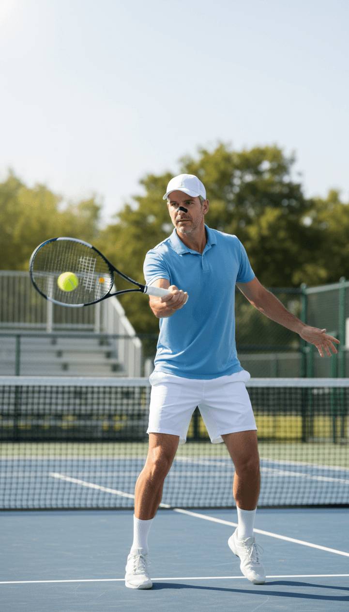 Man die tennis speelt op een buitenbaan terwijl hij een zwarte neusstrip draagt