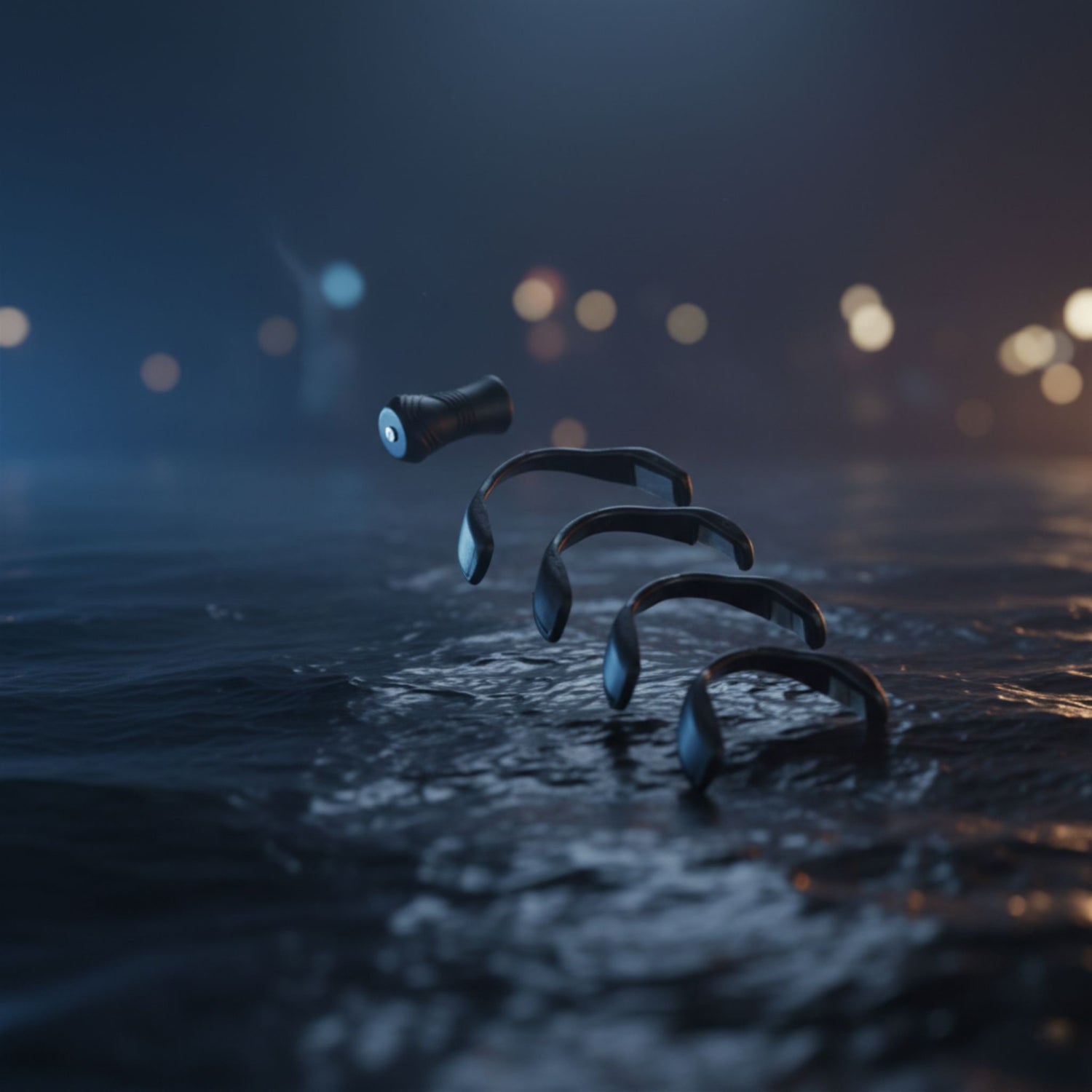 Artistieke weergave van een Comformidable magnetische neusspreider boven golvend water.