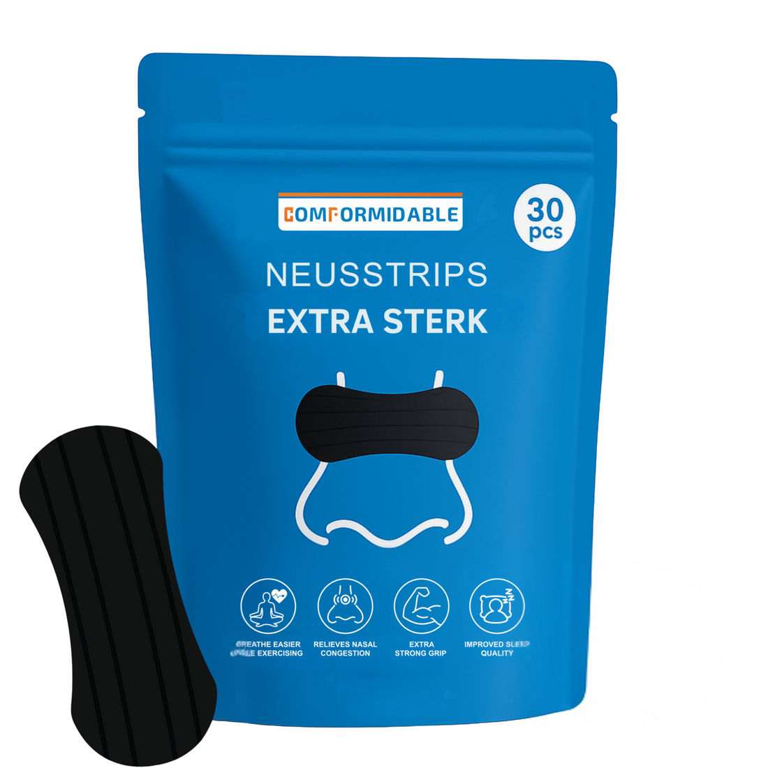 blauwe gripzakverpakking van comformidable neusstrips extra sterk. met daarbij een zwarte neusstrip en een button met 30 stuks