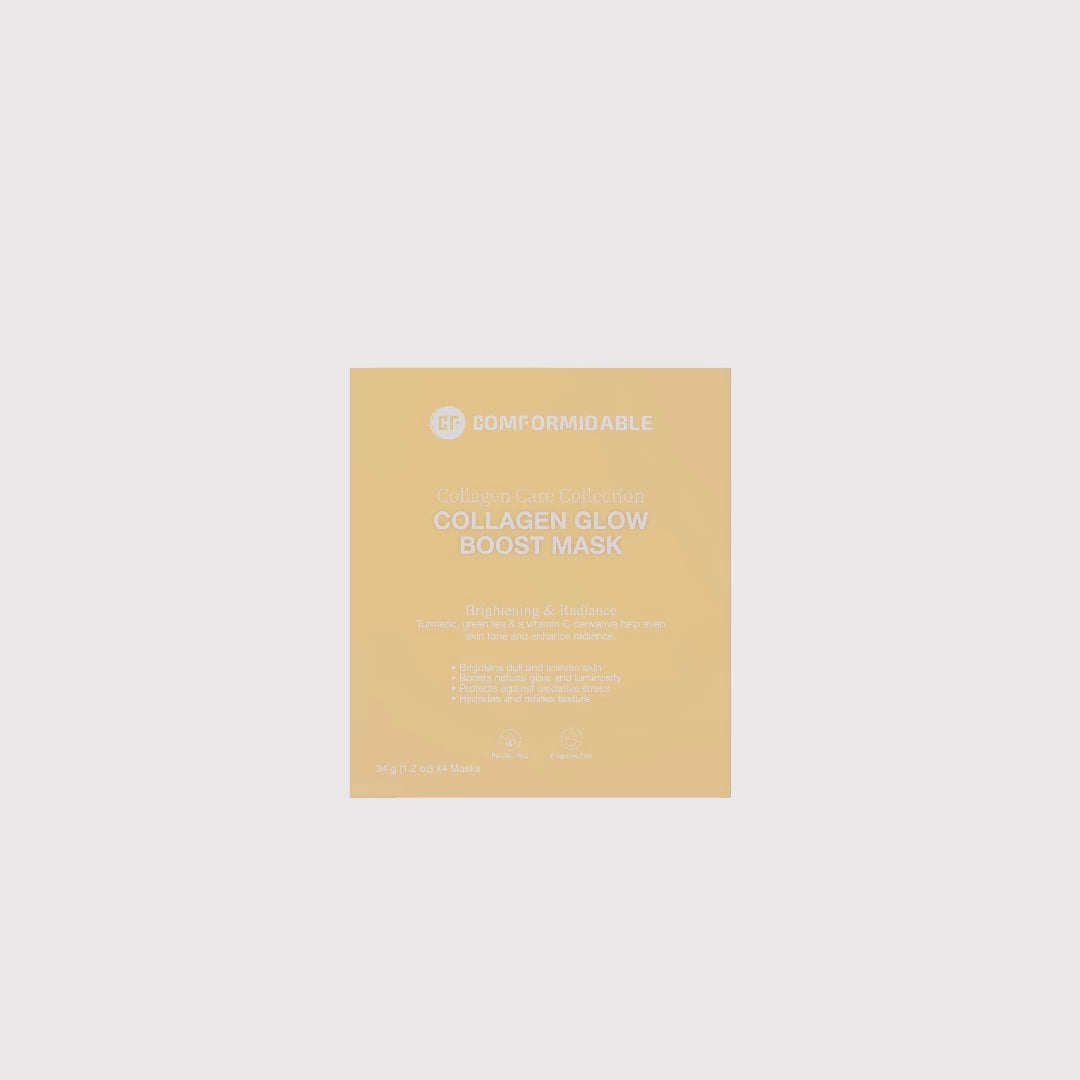 een 360 graden video van een gele verpakking van het Comformidable collagen glow boost mask uit de care collection