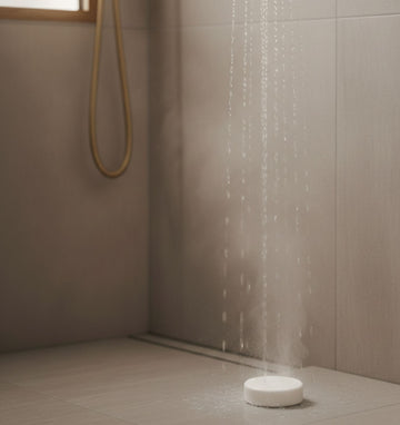 Een wit aromatherapie shower steamer tablet op een grijze douchevloer, net buiten de directe waterstraal geplaatst voor een geleidelijke verspreiding van geurende stoom.