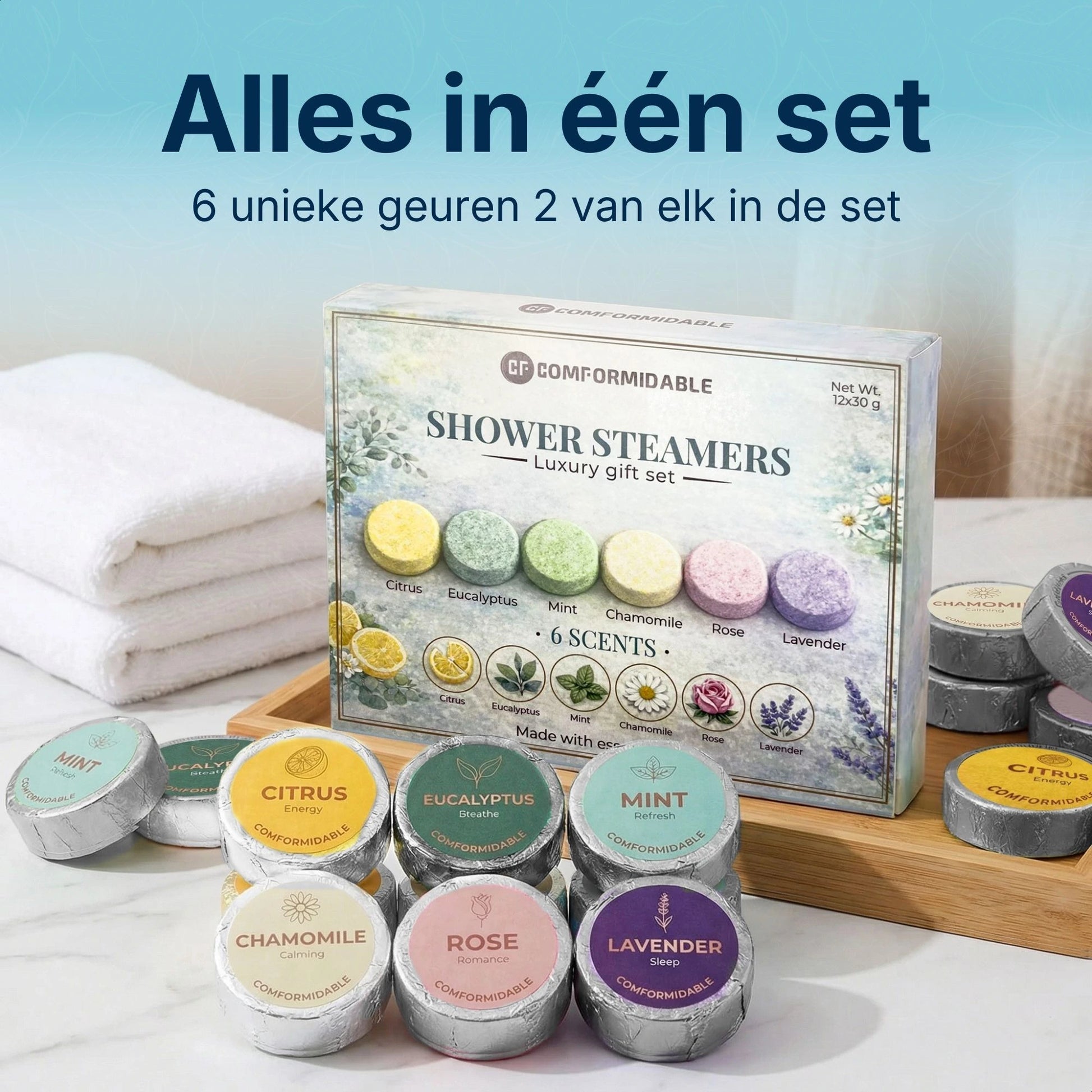 Comformidable shower steamers set met 6 unieke geuren twee tabletten van elke geur in één verpakking