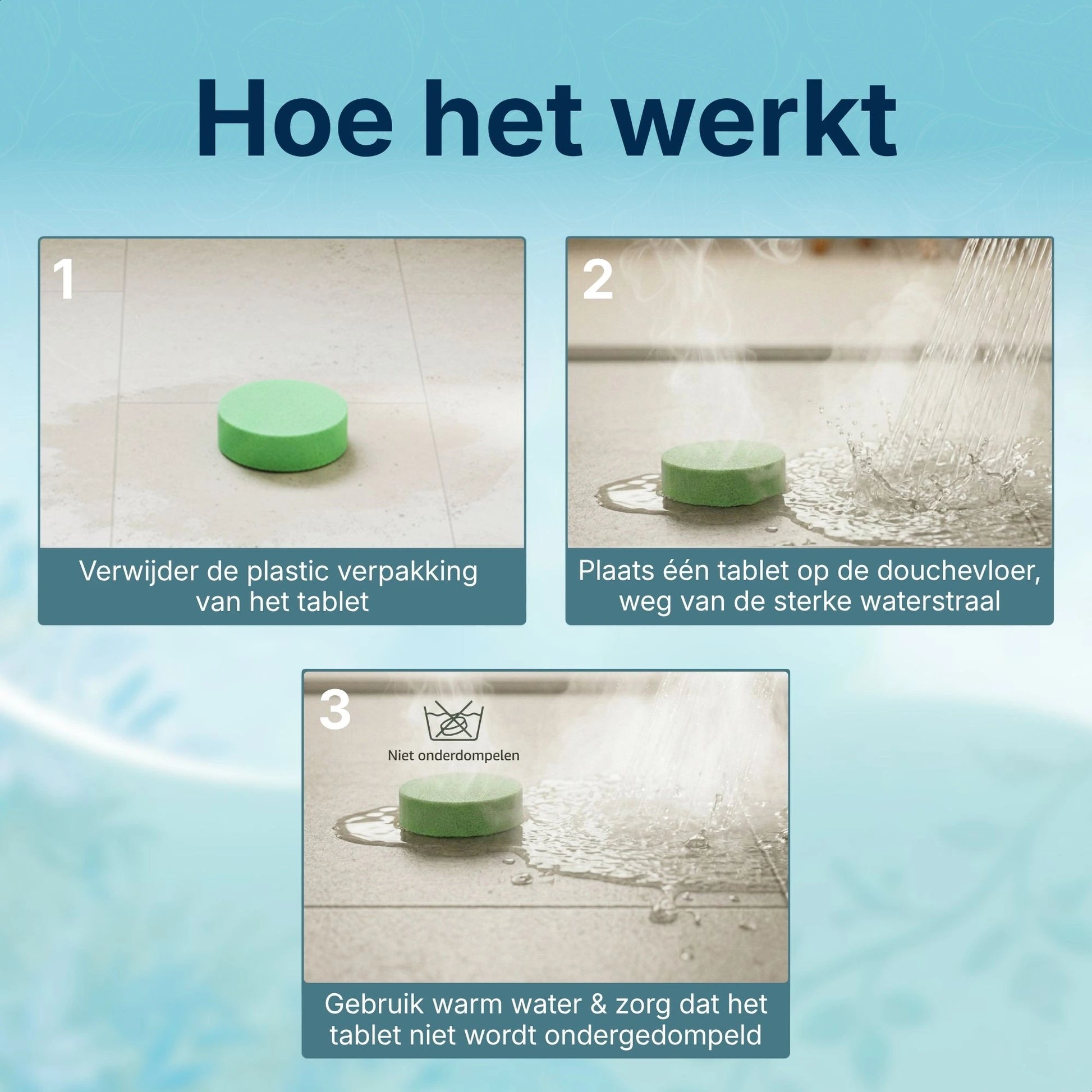 Stap voor stap uitleg hoe je de Comformidable shower steamer gebruikt verwijder verpakking plaats op douchemat en geniet