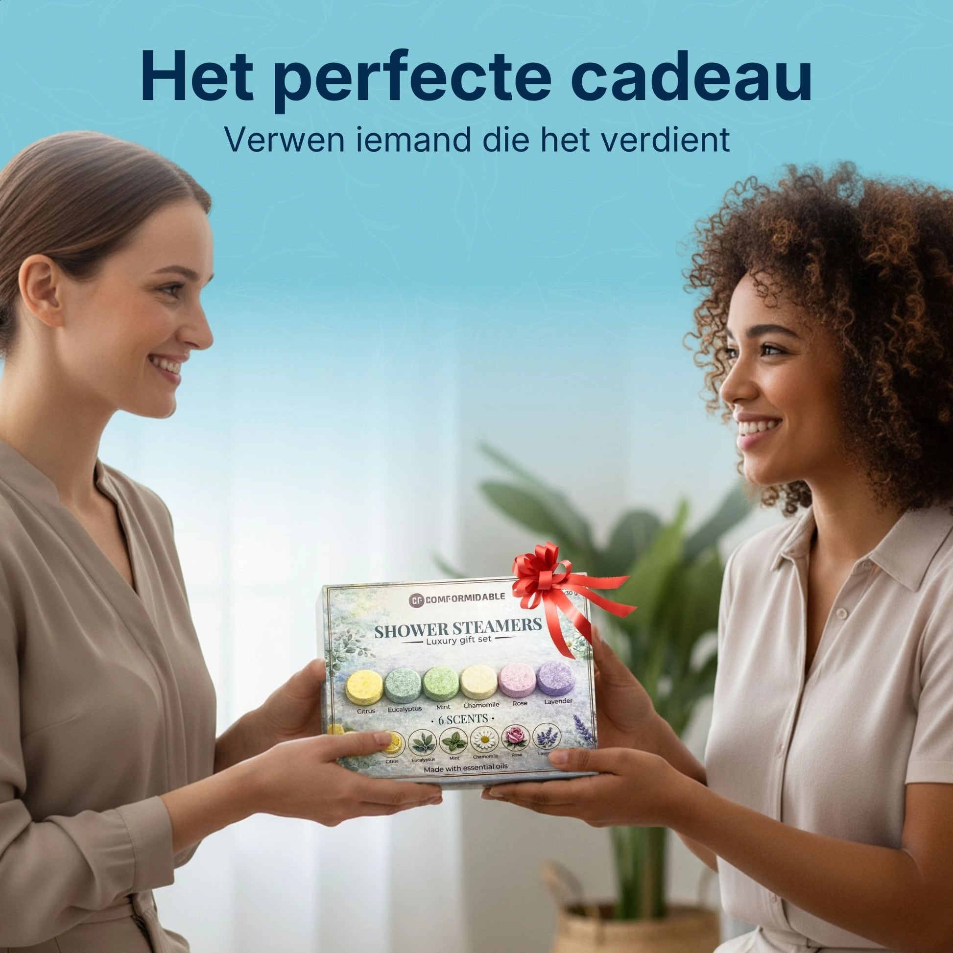 Vrouw geeft Comformidable Shower Steamers als cadeau het perfecte cadeau voor zelfzorg en ontspanning